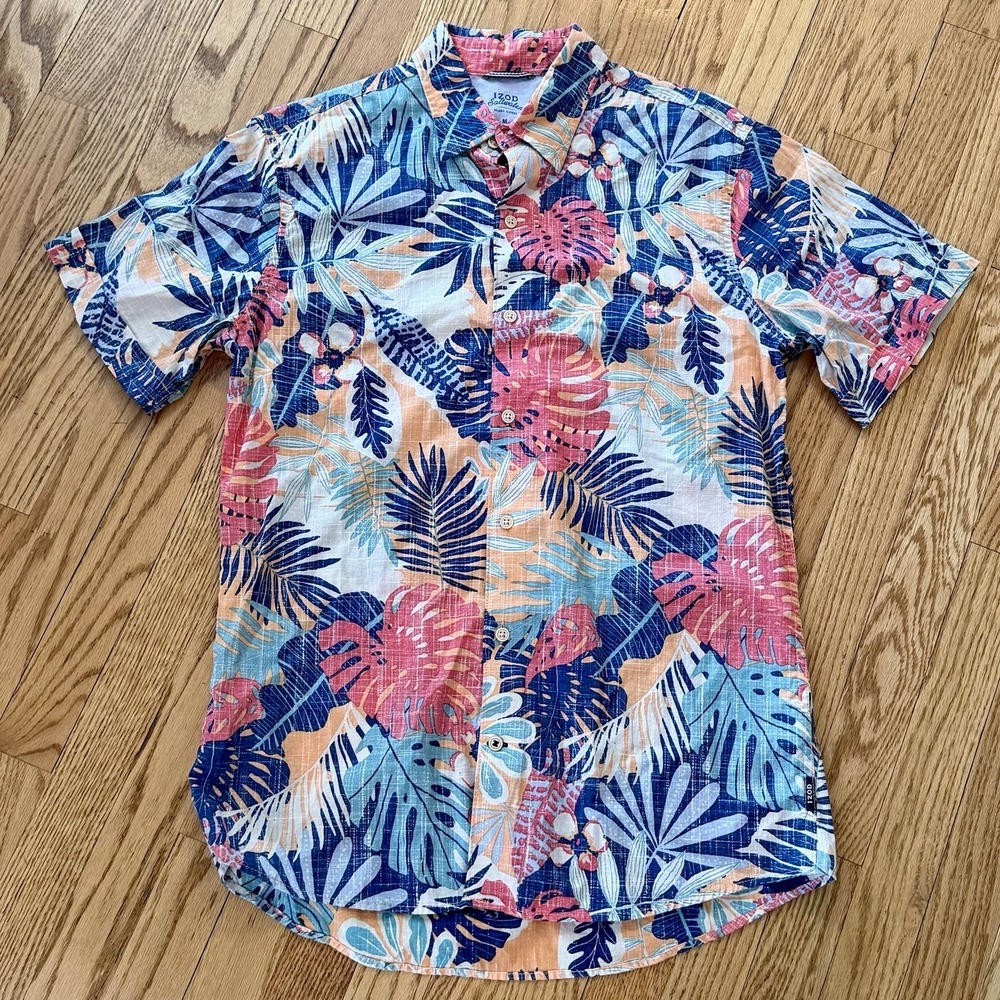 IZOD Saltwater Men's Medium Tropical Button Down Shirt‎ Relaxed Fit Resort Beach